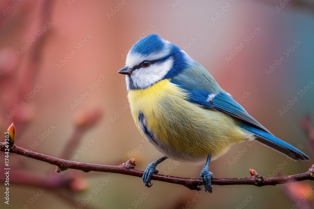 Obraz premium Blue Tit in Morning Light: Colorful Bird Perched on a Branch with Soft Bokeh Background