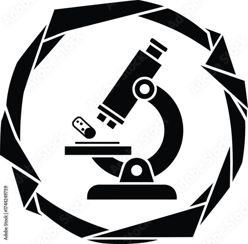 Black silhouette of a microscope examining a pill or capsule within a geometric circular frame