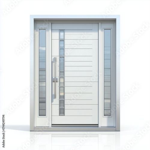 Contemporary aluminum front door with horizontal lines pattern and glass accents on clean white background