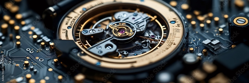 Fototapeta premium Watch mechanism with circuit board and microchips
