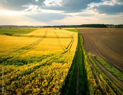 Golden fields meet cloudy sky