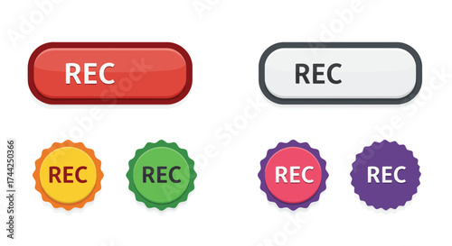 Collection of colorful recording buttons with the label rec displayed