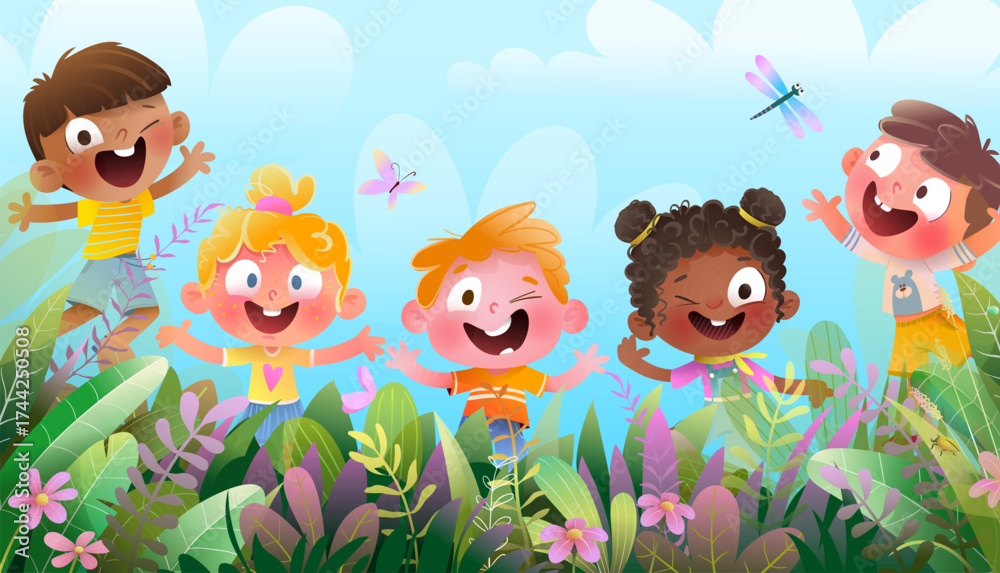 Obraz premium Little children playing in nature outside together. Kids jumping and smiling among flowers and grass. Happy children characters boys and girls friends group. Colorful vector illustration for kids.