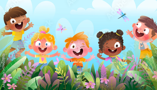 Little children playing in nature outside together. Kids jumping and smiling among flowers and grass. Happy children characters boys and girls friends group. Colorful vector illustration for kids.