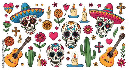 Flat style illustration of Día de los Muertos celebration with sugar skulls, sombreros, guitars, candles, cacti, and festive decorations representing Mexican culture and tradition