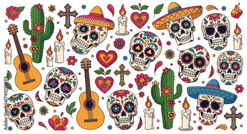 Flat style illustration of Día de los Muertos celebration with sugar skulls, sombreros, guitars, candles, cacti, and festive decorations representing Mexican culture and tradition