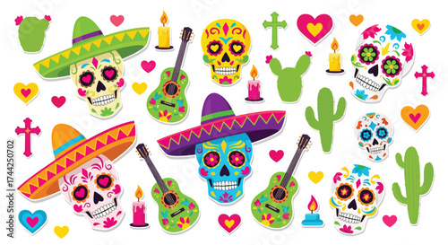 Flat style illustration of Día de los Muertos celebration with sugar skulls, sombreros, guitars, candles, cacti, and festive decorations representing Mexican culture and tradition