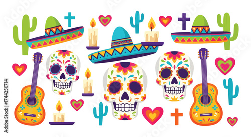 Flat style illustration of Día de los Muertos celebration with sugar skulls, sombreros, guitars, candles, cacti, and festive decorations representing Mexican culture and tradition