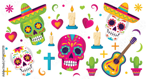 Flat style illustration of Día de los Muertos celebration with sugar skulls, sombreros, guitars, candles, cacti, and festive decorations representing Mexican culture and tradition