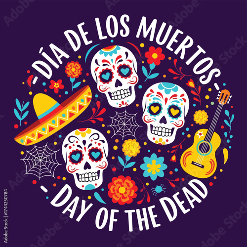 Vector illustration of Día de los Muertos design with sugar skulls, guitar, sombrero, flowers, and festive typography celebrating the Mexican Day of the Dead holiday