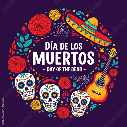 Vector illustration of Día de los Muertos design with sugar skulls, guitar, sombrero, flowers, and festive typography celebrating the Mexican Day of the Dead holiday
