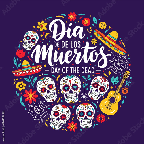 Vector illustration of Día de los Muertos design with sugar skulls, guitar, sombrero, flowers, and festive typography celebrating the Mexican Day of the Dead holiday