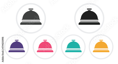 Colorful depictions of hotel service bells in various shades and designs