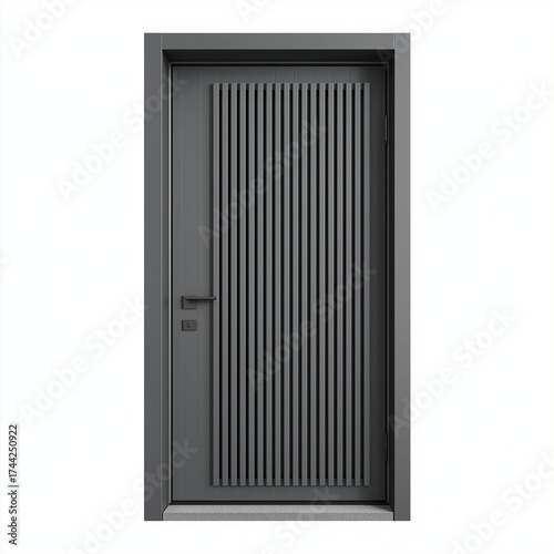 Modern pivot front door with vertical slat design in gray finish on plain white isolated background