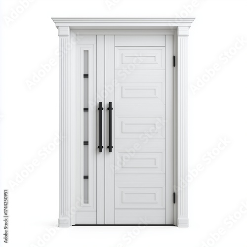 Modern white wooden front door with sleek black handle and minimal geometric panels on plain white background