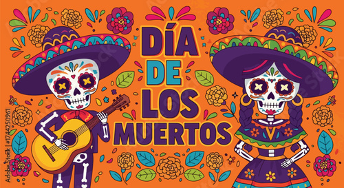 Vector illustration of Día de los Muertos celebration with festive skeletons in traditional Mexican outfits, guitar, flowers, and decorative typography on a bright background
