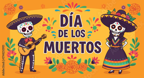 Vector illustration of Día de los Muertos celebration with festive skeletons in traditional Mexican outfits, guitar, flowers, and decorative typography on a bright background