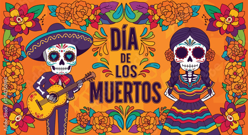 Vector illustration of Día de los Muertos celebration with festive skeletons in traditional Mexican outfits, guitar, flowers, and decorative typography on a bright background