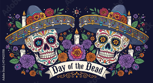 Vector art of Día de los Muertos skulls wearing sombreros with floral decorations and ornate typography, celebrating Mexican Day of the Dead tradition and cultural heritage