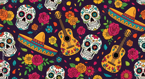 Vector art of colorful Día de los Muertos pattern with sugar skulls, guitars, maracas, flowers, and sombreros, celebrating Mexican culture and traditional holiday design