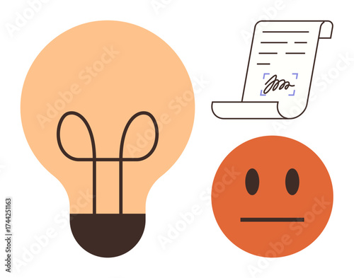 Lightbulb for creativity, signed document for agreements, and neutral face for emotions. Ideal for innovation, business, agreement, contracts, decision-making, problem-solving and emotional