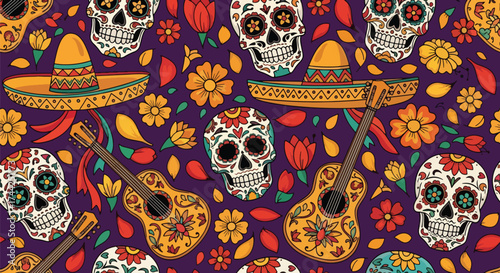 Vector art of colorful Día de los Muertos pattern with sugar skulls, guitars, maracas, flowers, and sombreros, celebrating Mexican culture and traditional holiday design