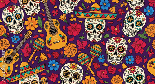 Vector art of colorful Día de los Muertos pattern with sugar skulls, guitars, maracas, flowers, and sombreros, celebrating Mexican culture and traditional holiday design