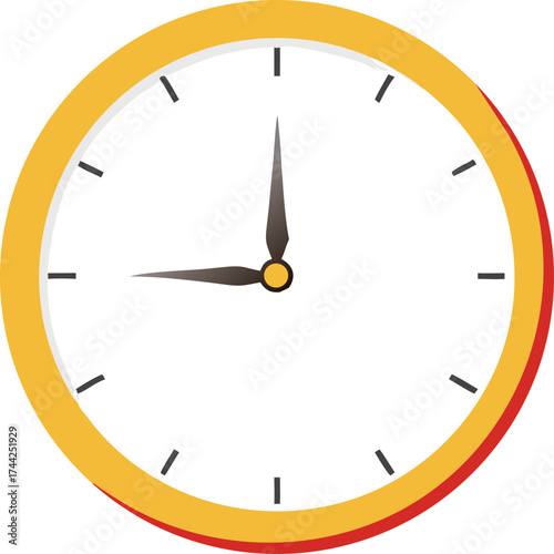 Simple orange wall clock showing nine oclock with hour and minute hands vector