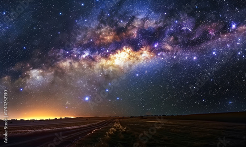 Brilliant Milky Way Galaxy Over Rural Countryside at Night with Starry Sky and Glowing Horizon, Capturing Celestial Beauty and Vastness of Universe © Bartek