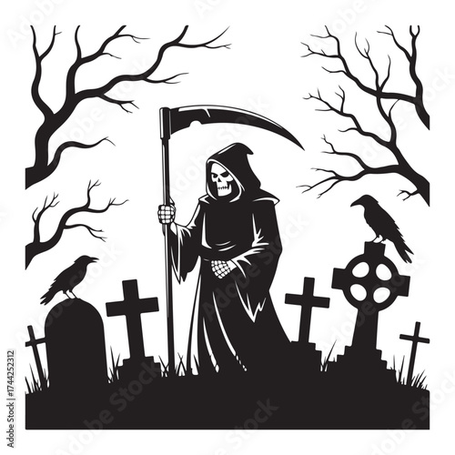 Grim reaper haunting cemetery graveyard silhouette spooky halloween night scene silhouette
