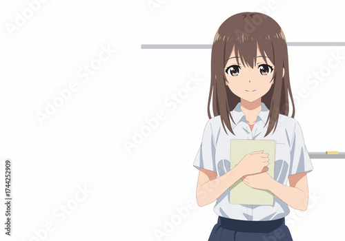 Anime schoolgirl with brown hair holds a document in front of a whiteboard