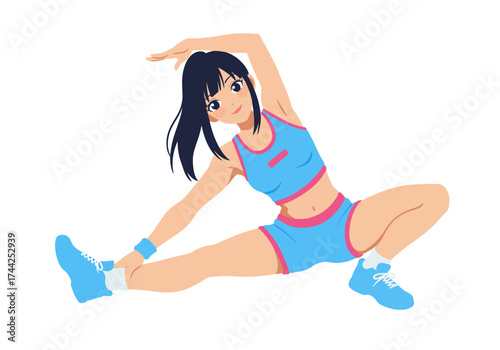 Anime woman stretching in athletic wear blue and pink scheme