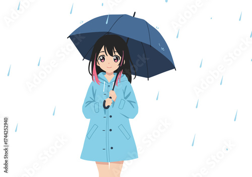 Animestyle girl in a raincoat sheltering under an umbrella in the rain