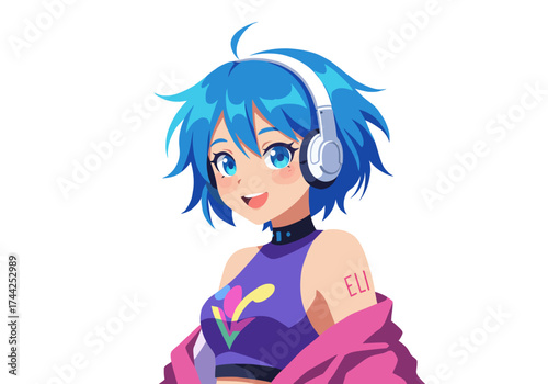 Animestyle girl with blue hair wearing headphones a purple top and pink jacket