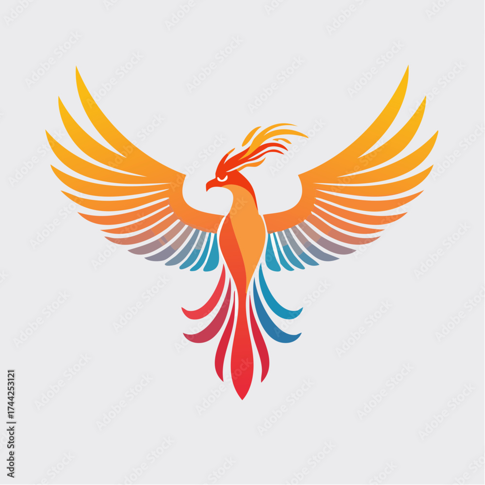Obraz premium Colorful Stylized Phoenix Bird with Gradient Wings and Tail Feathers in Bright Studio