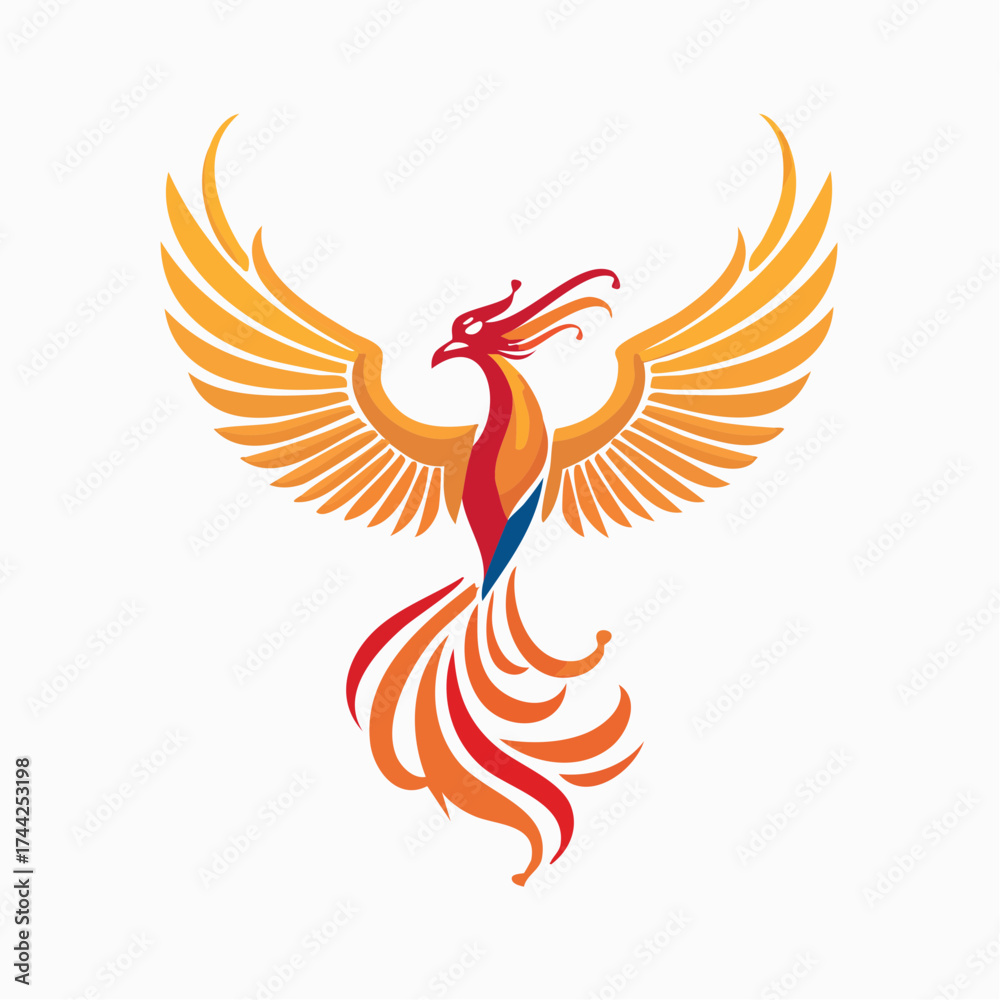 Obraz premium Dynamic Phoenix Bird with Orange, Red, and Blue Wings in Mid-Flight in Bright Studio