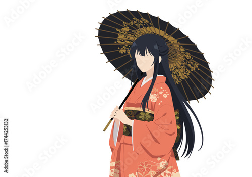 Animestyle woman in orange kimono holding a black parasol with gold accents set against a white background