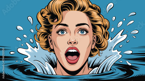 Splash of the Moment: A woman's face surfaces from the water, capturing a moment of shock and awe, a vibrant illustration with dynamic energy.