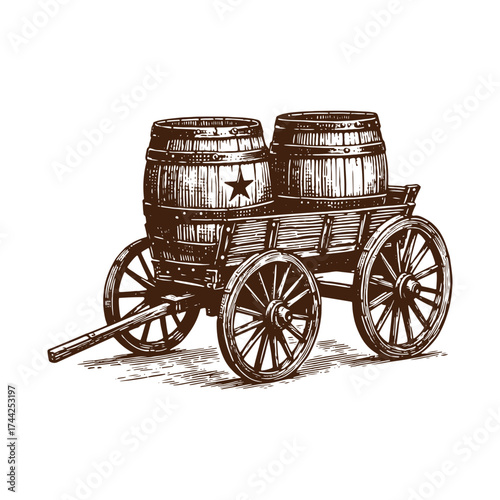 Vintage Wooden Barrel Wagon – Classic Black and White Illustration