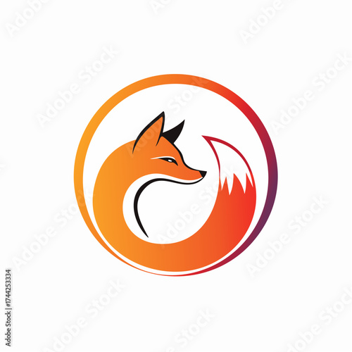 Vibrant Orange Fox with Stylized Tail Inside an Orange Circle Logo in Bright Studio