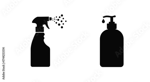 Simple black icons depicting a spray bottle and a pump dispenser
