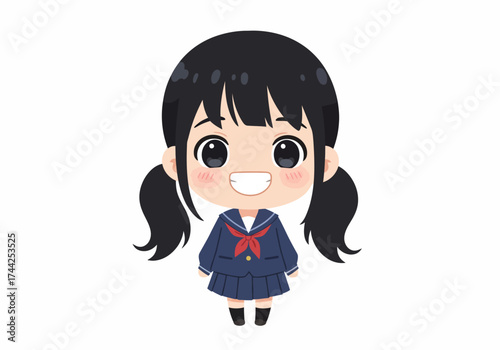 Cartoon girl in school uniform with black hair in pigtails