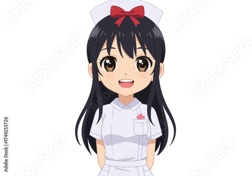 Chibi anime nurse with black hair brown eyes in white uniform smiling