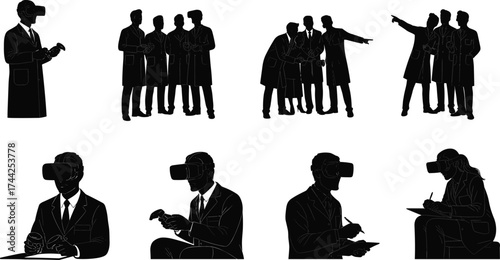Virtual reality silhouette, professional interaction, VR headset activity, digital collaboration, lab coat icons, vector illustration, black figures, tech innovation, immersive workspace