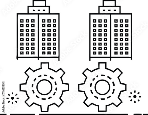 Modern corporate buildings and industrial gears representing business synergy and efficiency vector