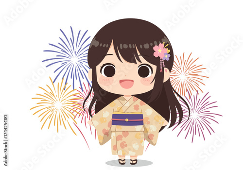 Girl in kimono stands amid fireworks