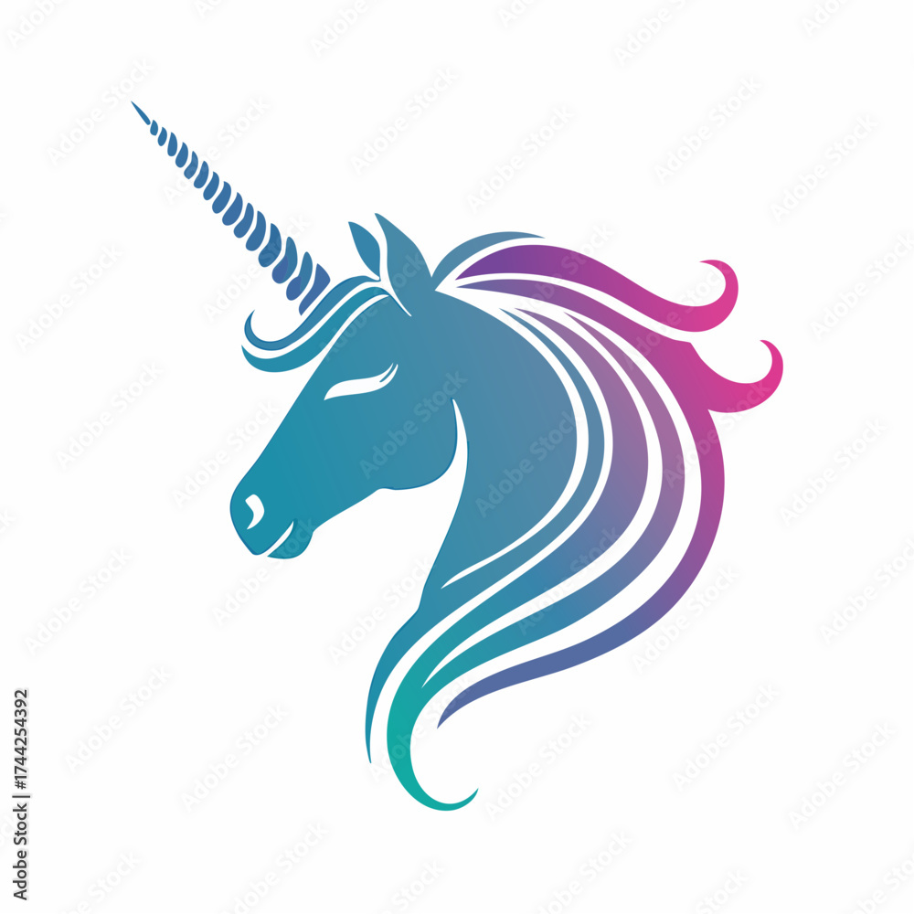 Obraz premium Mystical Blue Unicorn Head with Dark Horn and Flowing Teal and Purple Mane, a powerful and enchanting animal design on an isolated white background