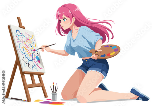 Girl with pink hair paints colorful swirls on canvas in studio kneeling with paints  palette