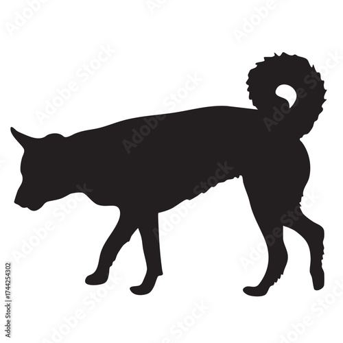 Black Dog Silhouette Walking, Isolated on White Background, Side Profile View