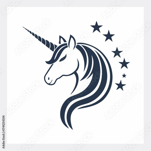 Striking Black Unicorn Head Logo with Swirling Mane and Stars, a minimalist and magical design on an isolated white background